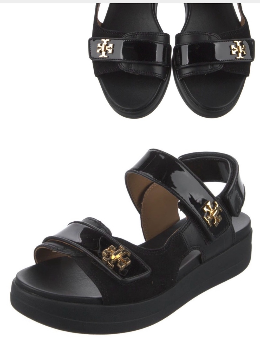 Tory Burch Kira Black Patent Sport Sandal with Gold Accent